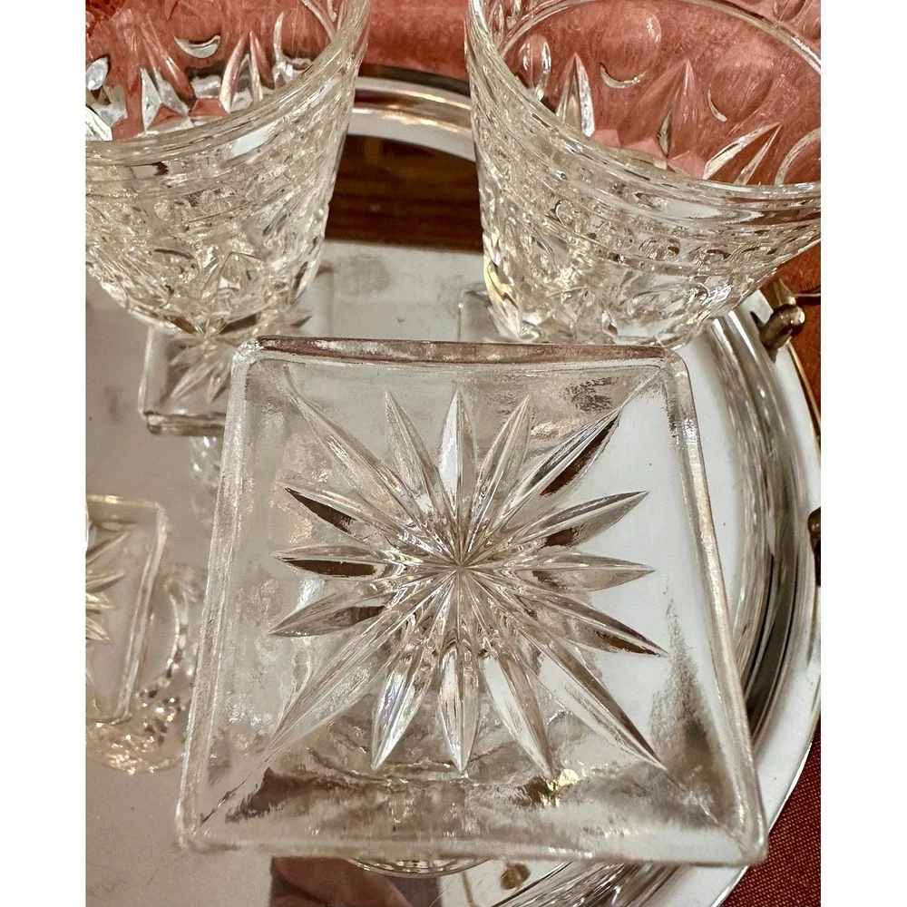 Vintage Pressed Glass Cordial Glasses Set 4 Diamond Thumbprint Square Base Clear